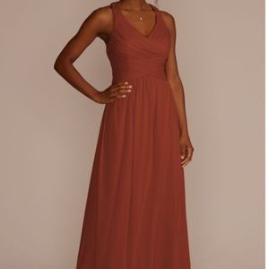 David's Bridal mesh long bridesmaid dress with crisscross back in Cinnamon
